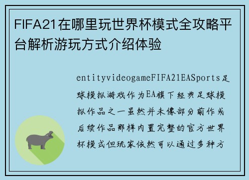 FIFA21在哪里玩世界杯模式全攻略平台解析游玩方式介绍体验